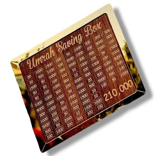 Premium wooden Umrah savings box for organizing and tracking up to 1 lakh PKR.