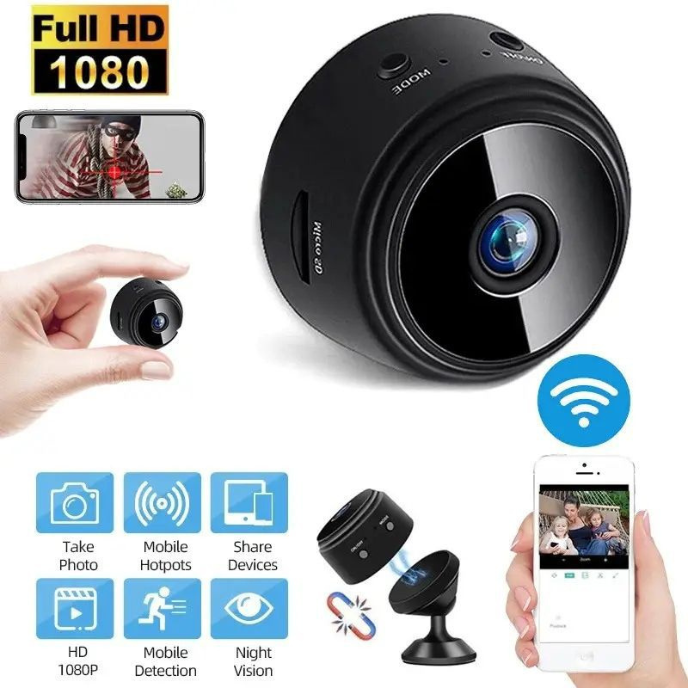 A9 Mini WiFi Camera – HD wireless security cam with stand and V38 app monitoring.