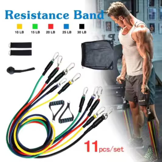 11-Piece Resistance Band Set – Includes bands, handles, ankle straps, and door anchor for workouts.